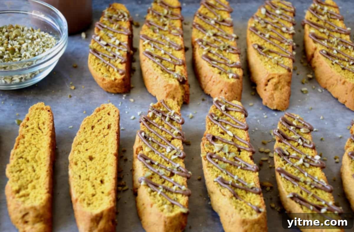 A festive spread of pumpkin pie biscotti, each adorned with a generous drizzle of melted chocolate and a sprinkle of chopped pumpkin seeds, alongside bowls of decorative toppings.