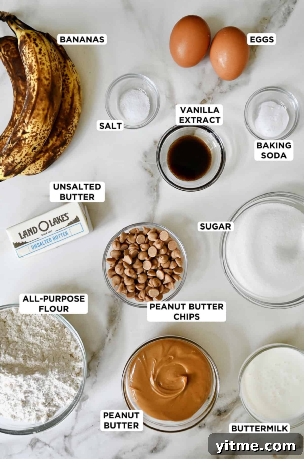 Peanut Butter Banana Bliss Bread 3 Peanut butter banana bread ingredients in glass bowls