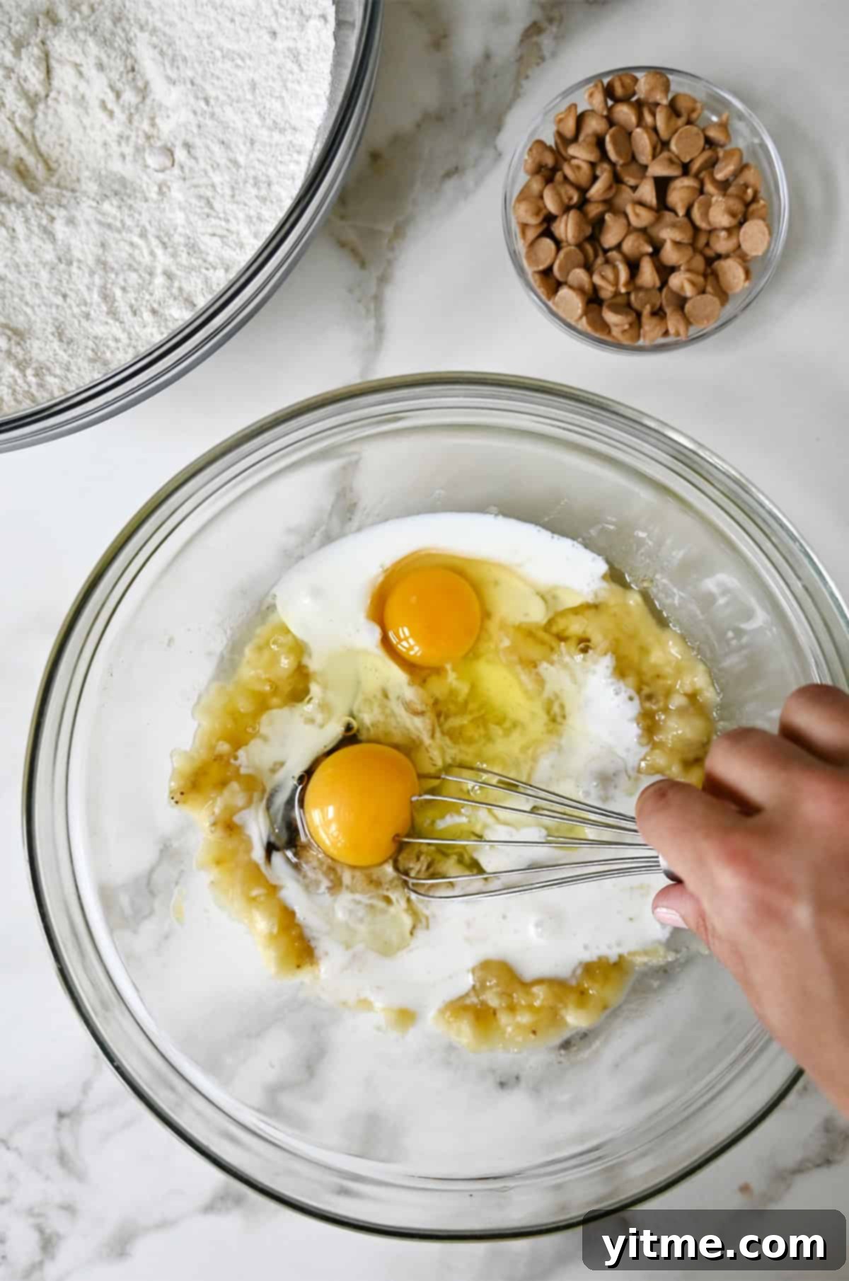 Peanut Butter Banana Bliss Bread 6 Wet ingredients being whisked together