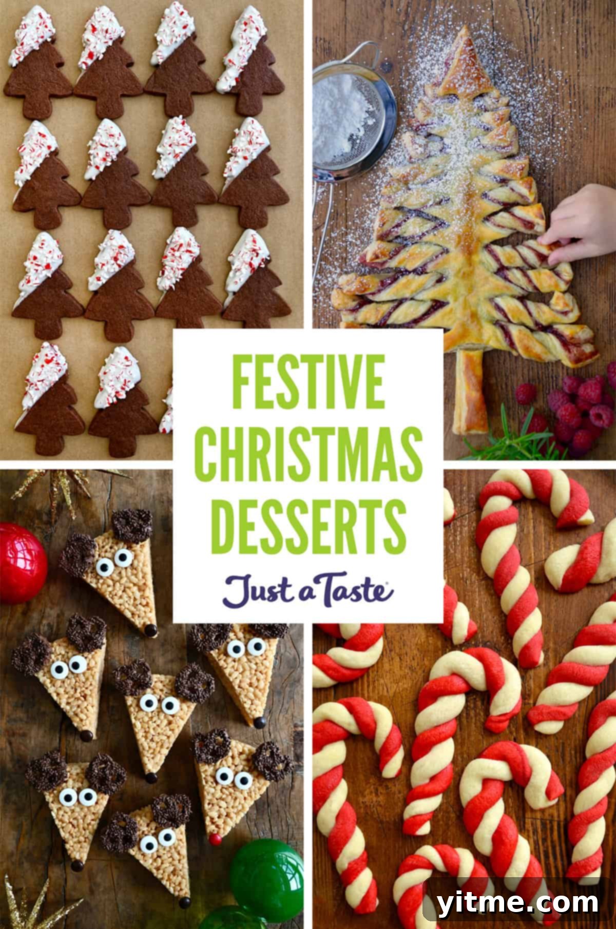 A delightful assortment of Christmas desserts including chocolate sugar cookies, a puff pastry Christmas tree, candy cane sugar cookies, and reindeer Rice Krispies treats.