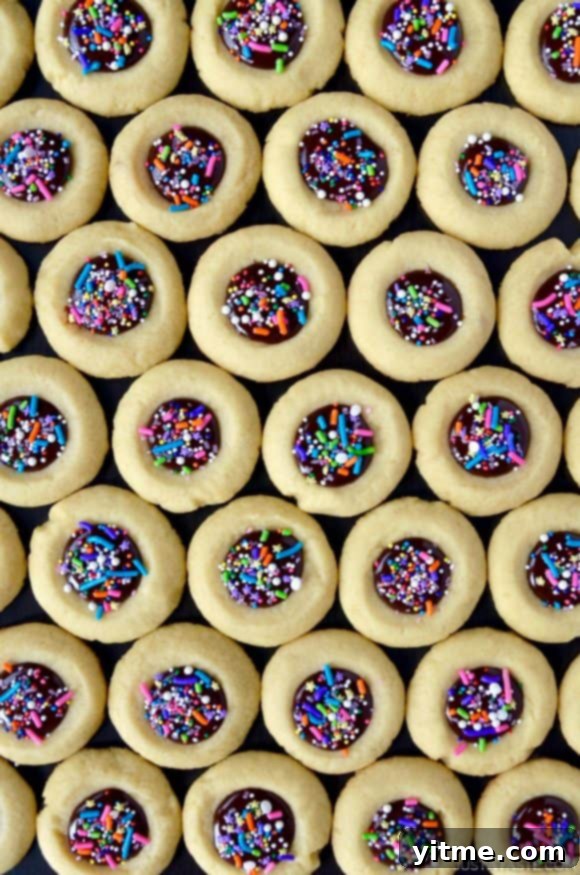 Delightful chocolate thumbprint cookies adorned with a generous sprinkling of colorful sprinkles.
