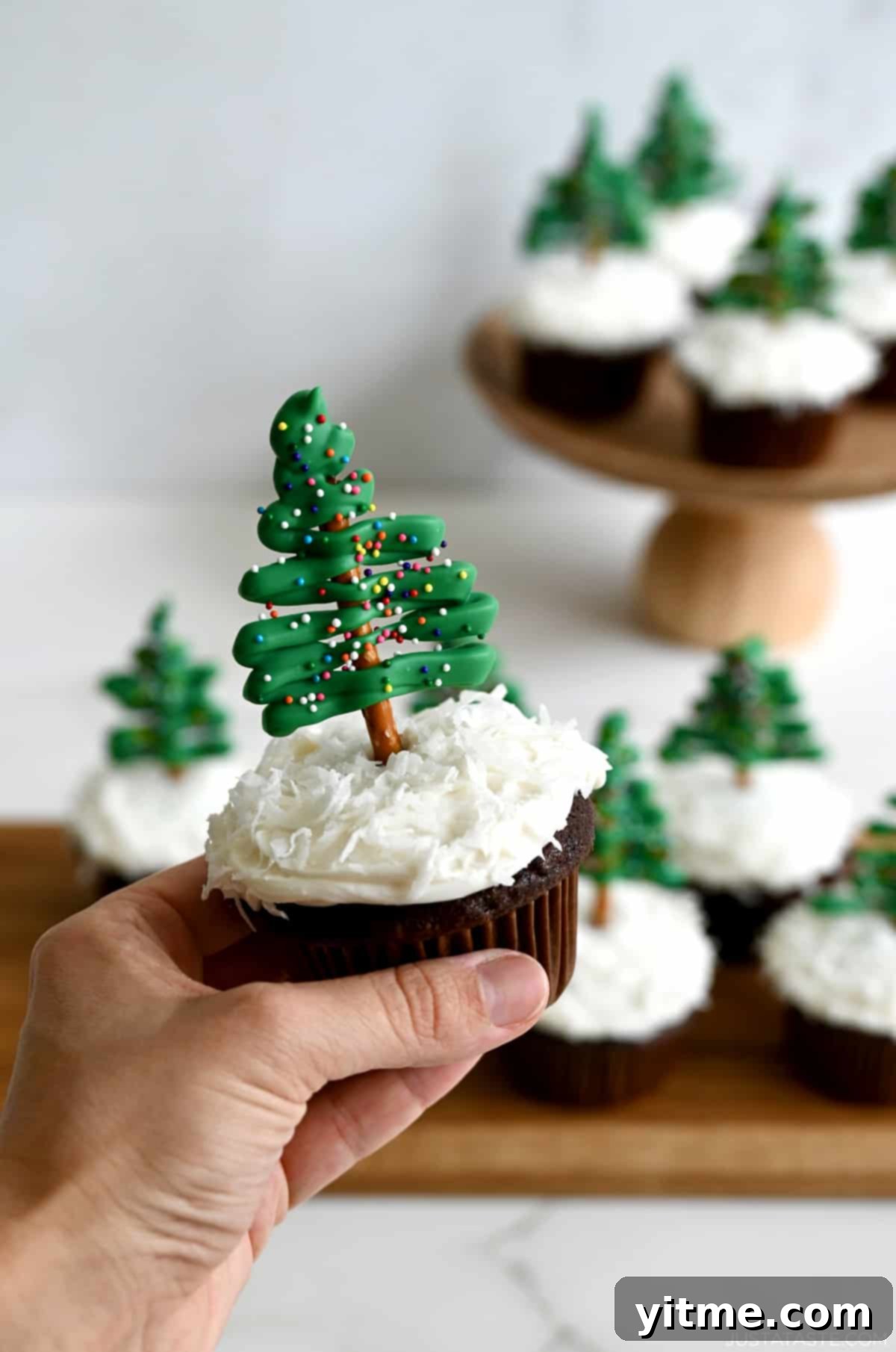 A hand delicately holding a Chocolate Christmas Tree Cupcake, showcasing its intricate design and festive appeal.