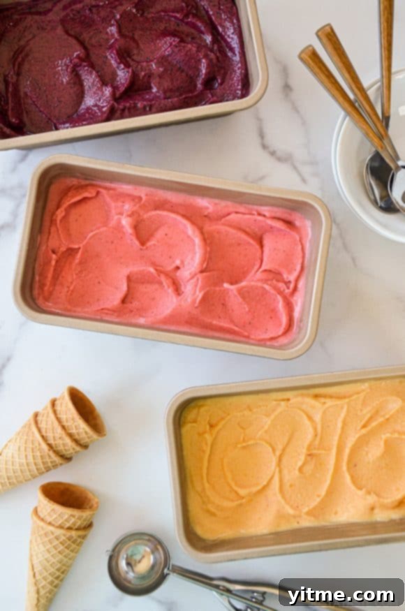 Three flavors of frozen yogurt with cones and an ice cream scoop