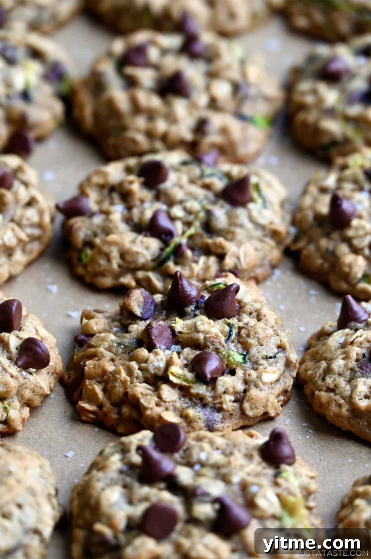 A close-up view of zucchini oatmeal cookies with chocolate chips.