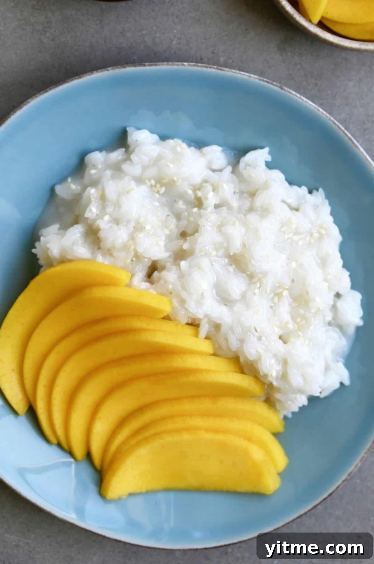 Thai Mango Sticky Rice Garnished with Toasted Sesame Seeds