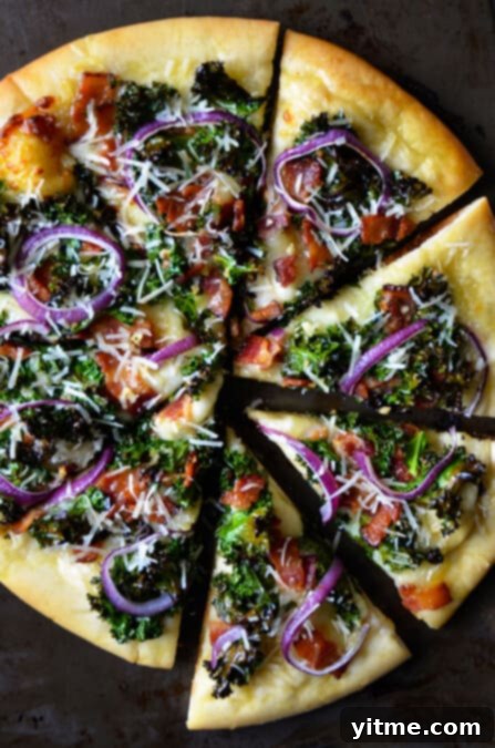 Garlicky kale and bacon pizza