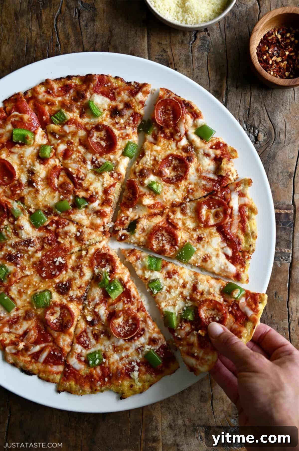 Chicken crust pizza with peppers and pepperoni