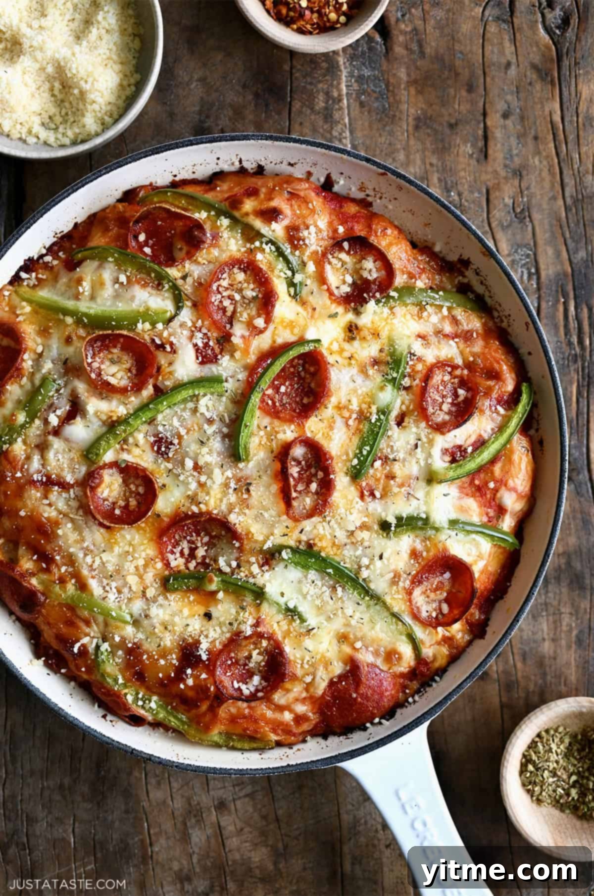 Cast iron skillet pizza with mozzarella, pepperoni, and green peppers