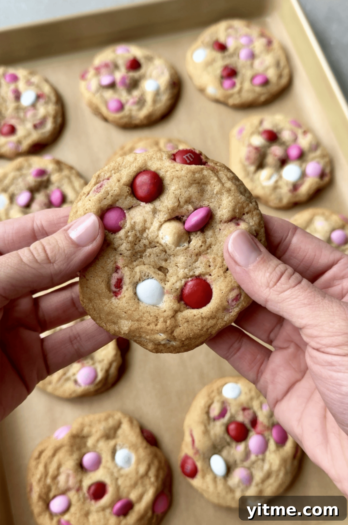 A hand holds a cookie studded with pink, red, and white M&M candies.
