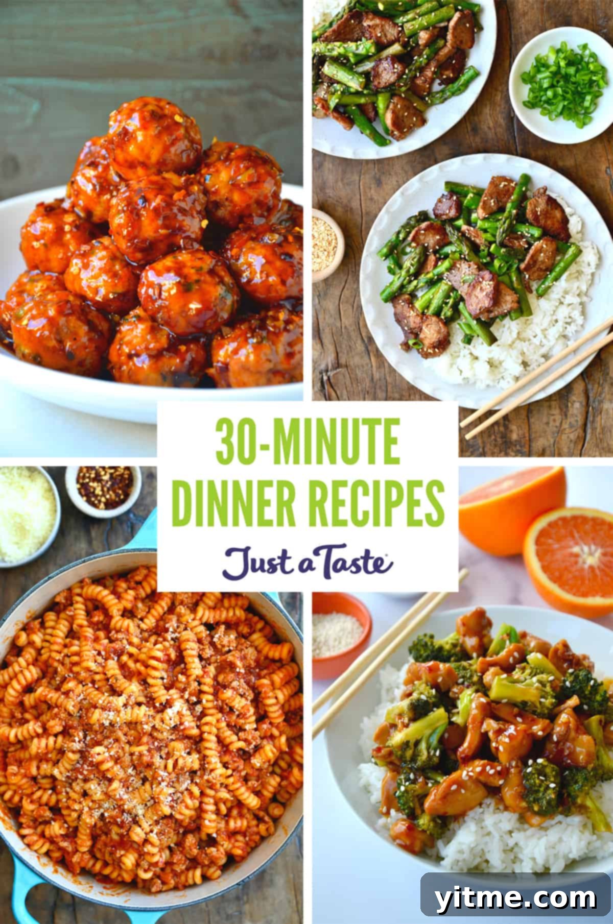Collage of quick dinner recipes: orange chicken meatballs, black pepper pork, orange chicken and broccoli stir-fry, pasta with sausage marinara.