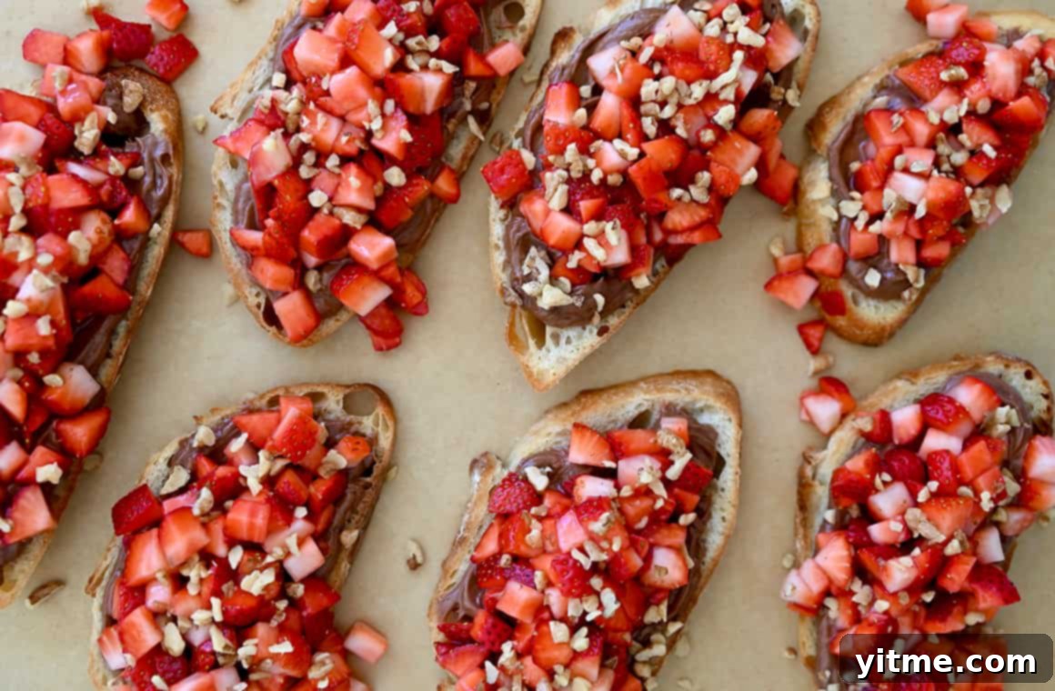 Chocolate Strawberry Bruschetta Bites 5 Nutella toasts garnished with fresh fruit and walnuts