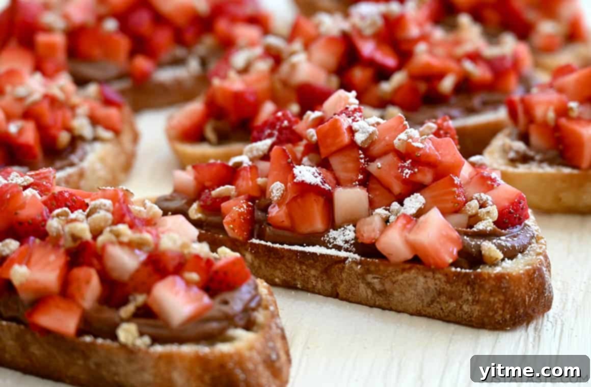 Chocolate Strawberry Bruschetta Bites 6 Close-up of dessert bruschetta with Nutella and strawberries