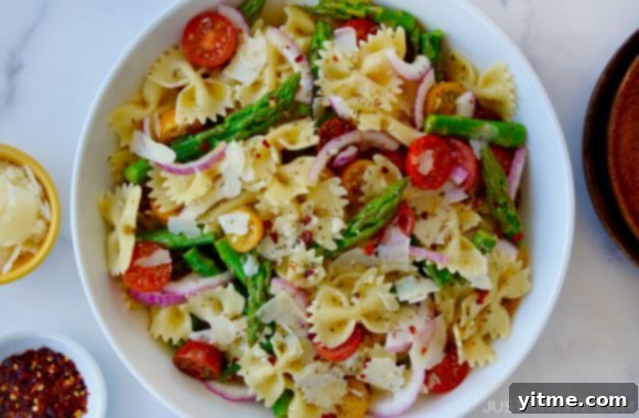 Asparagus Pasta Salad with Zesty Italian Vinaigrette 5 Top down view of the best asparagus pasta salad