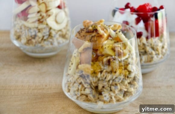 Three glasses of overnight oats with various toppings