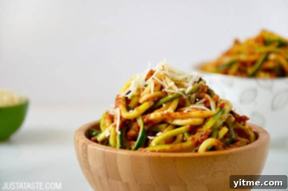 Zucchini Noodles with Sun-Dried Tomato Pesto recipe on justataste.com