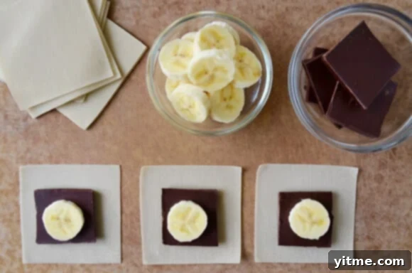 Close-up of golden Banana Chocolate Wonton Poppers