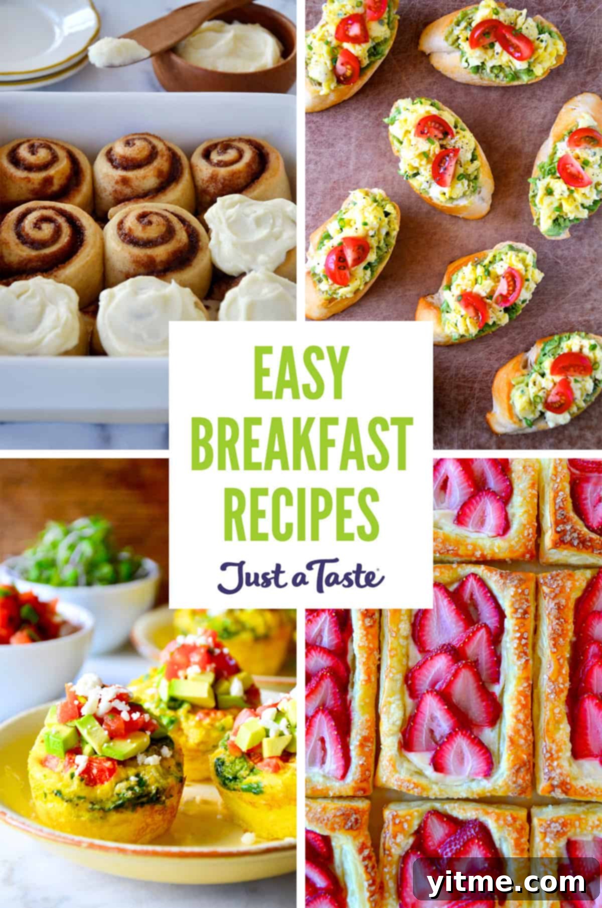 A delicious collage of breakfast food images, including cinnamon rolls with cream cheese frosting, toast with scrambled eggs, strawberry cream cheese breakfast pastries, and savory egg muffins.