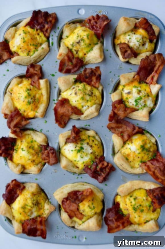 Muffin pan containing Bacon, Egg and Cheese Toast Cups.