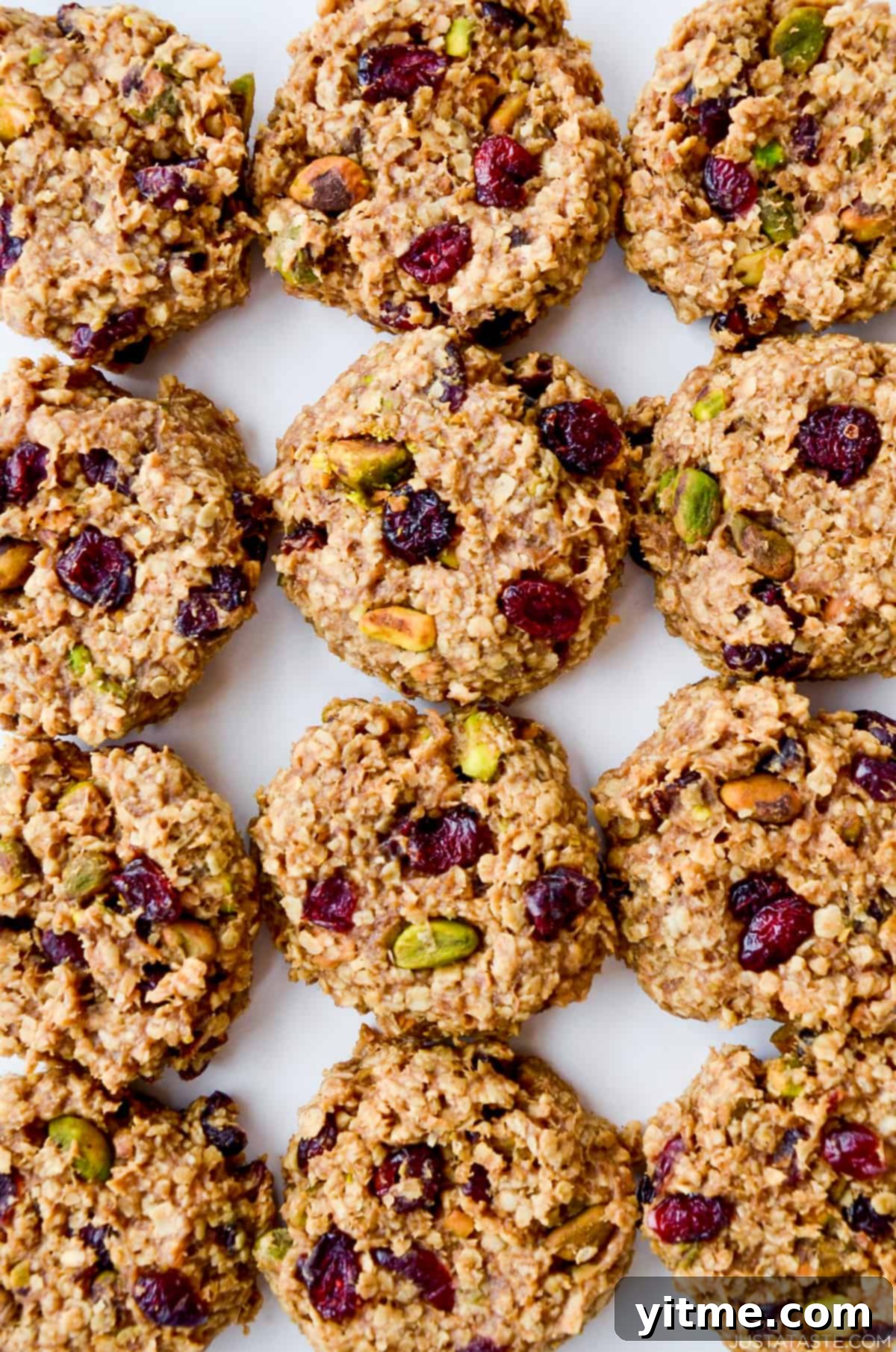 Healthy breakfast cookies studded with dried cranberries and pistachios.