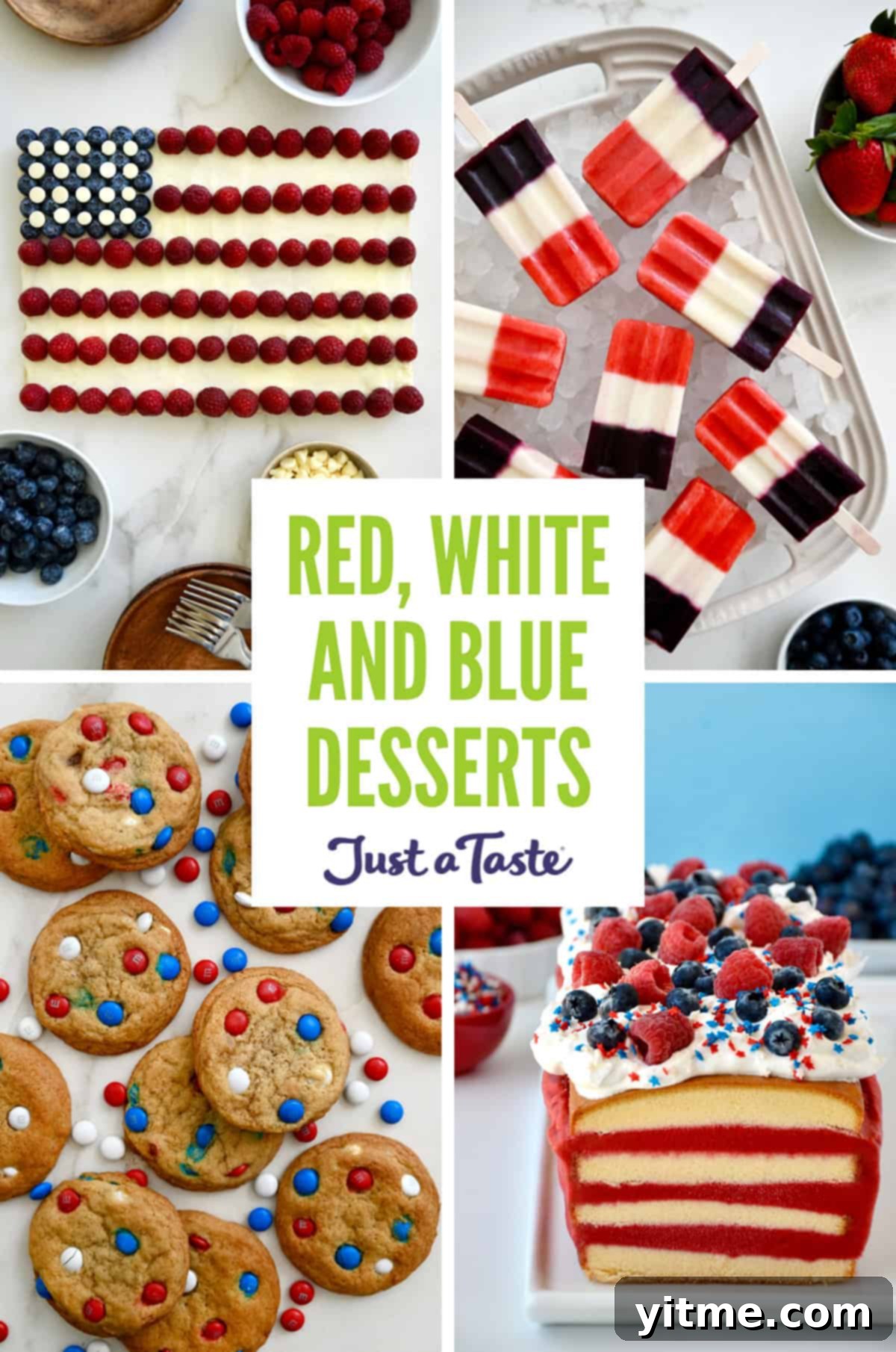 A collage of recipes, American Flag Cookie Cake, Fruit Popsicles, Ice Cream Cake and M&M Cookies, showcasing a variety of red, white, and blue desserts.