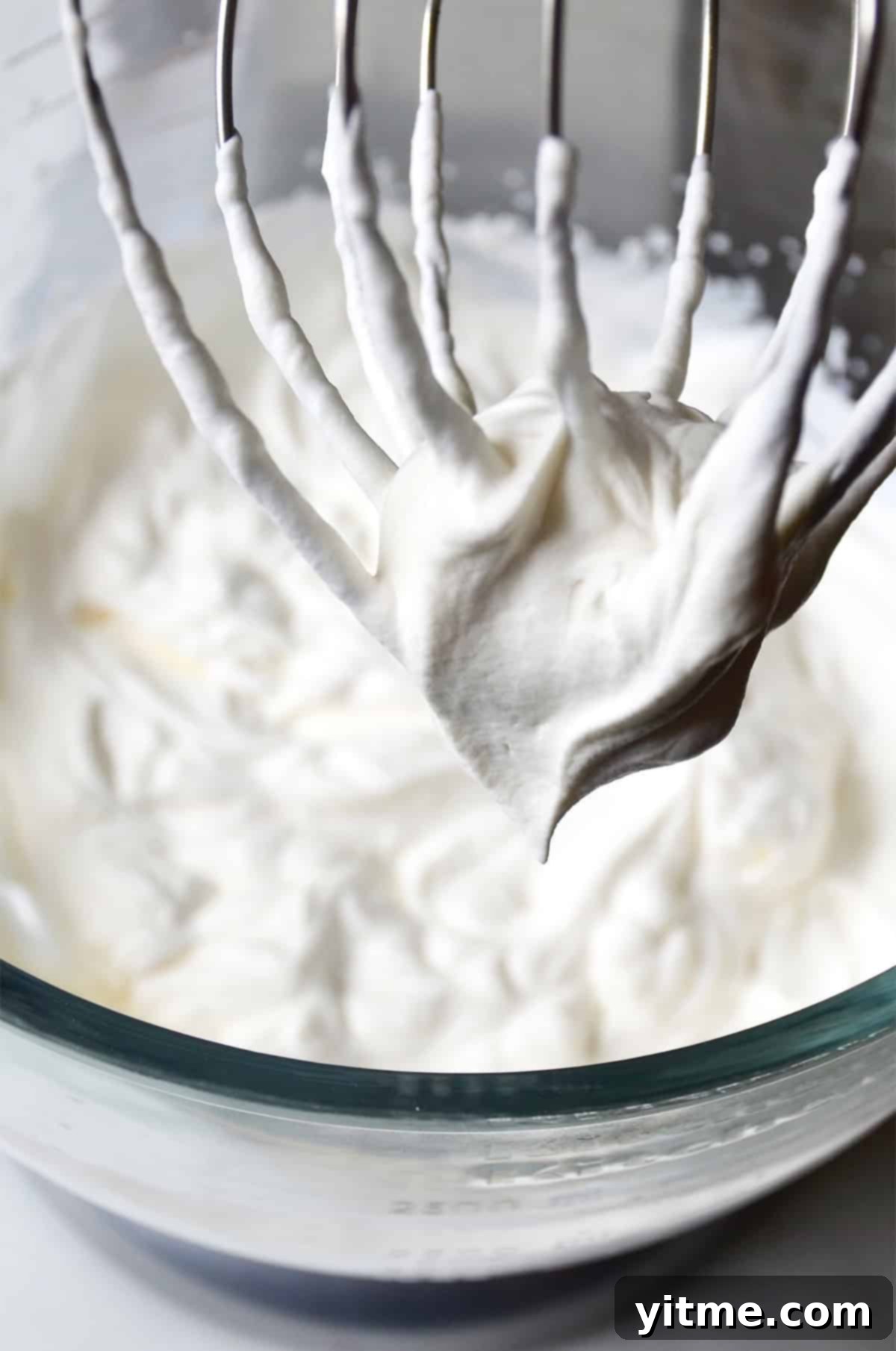 Stiff peaks of homemade tangy whipped cream perfectly formed on the whisk attachment of a stand mixer, indicating readiness.