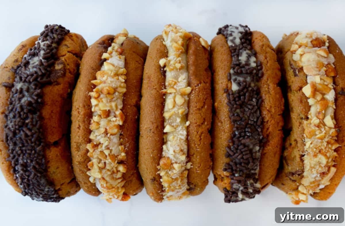A row of peanut butter cookie banana "nice" cream sandwiches.