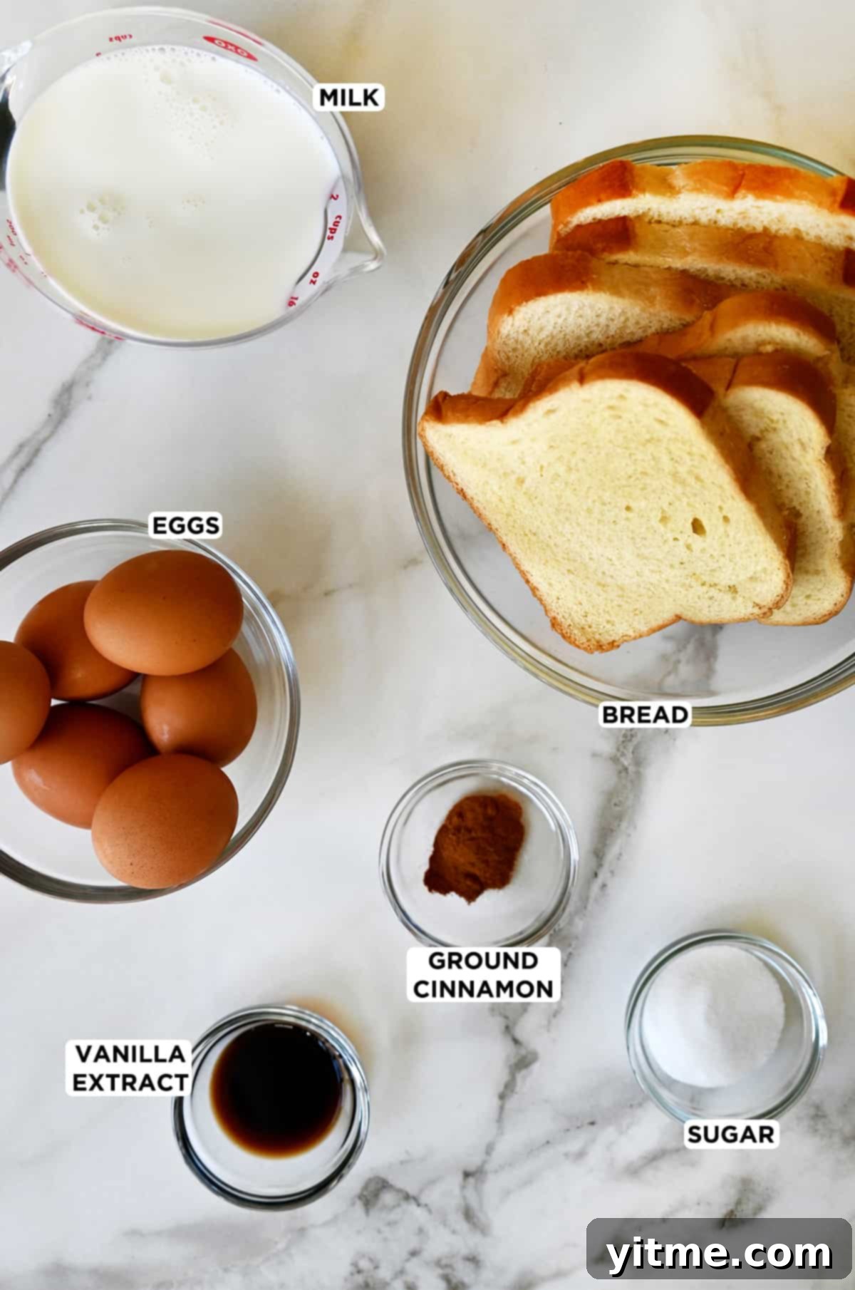 Cinnamon-Swirl French Toast Bites 3 Ingredients for French toast muffins including Brioche bread, cinnamon, sugar, vanilla extract, and milk.