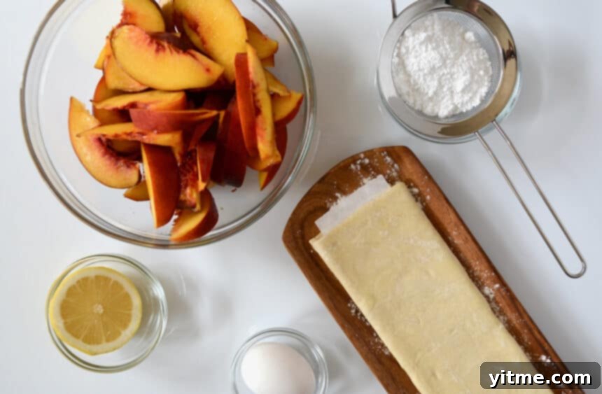 Ingredients for 5-Ingredient Peach Tart: Puff pastry, peaches, powdered sugar, lemon, and egg.