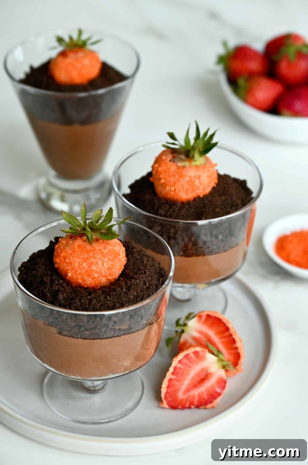 Finished Chocolate Mousse Parfaits with Strawberry Carrots