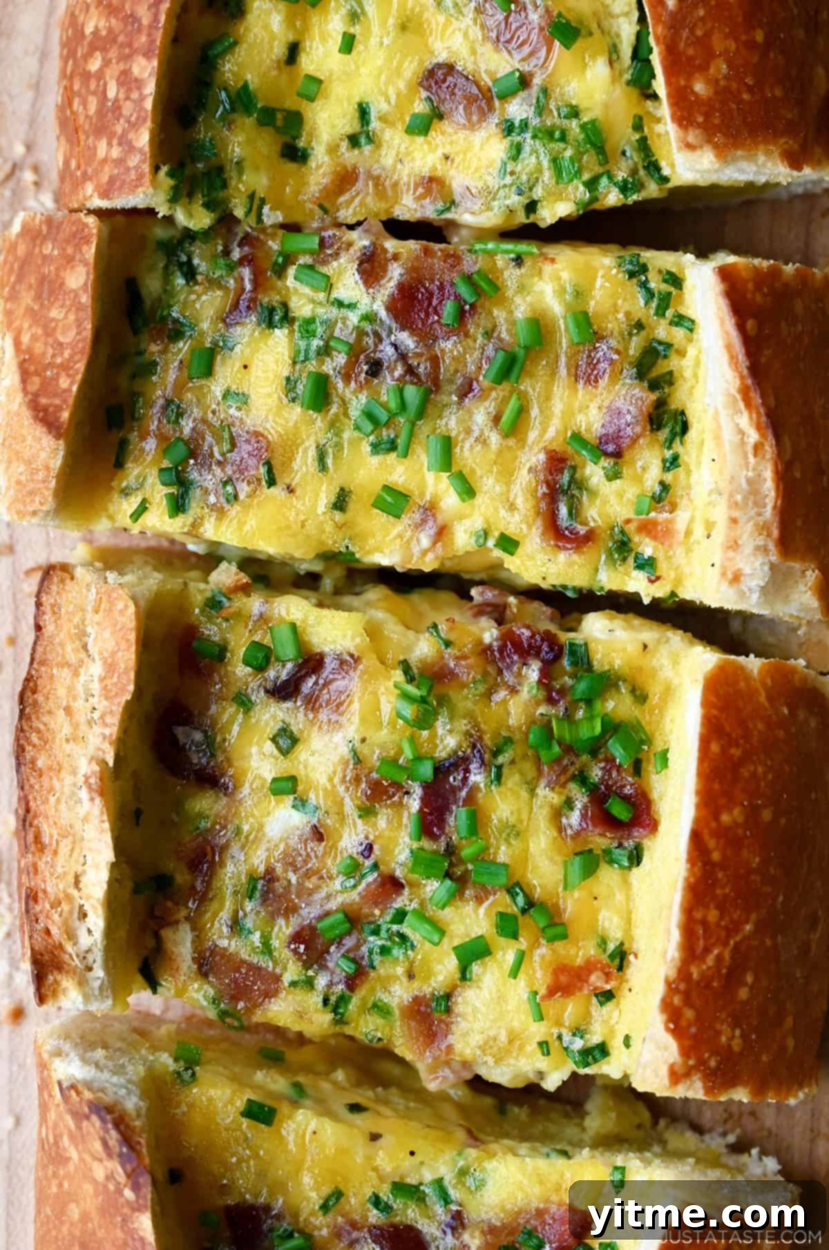 A large, golden-brown baked bread loaf filled with fluffy scrambled eggs, melted cheddar cheese, and crispy bacon, garnished with fresh chives, and ready to be sliced for serving.