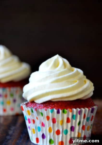 Red velvet cupcakes with cream cheese frosting.