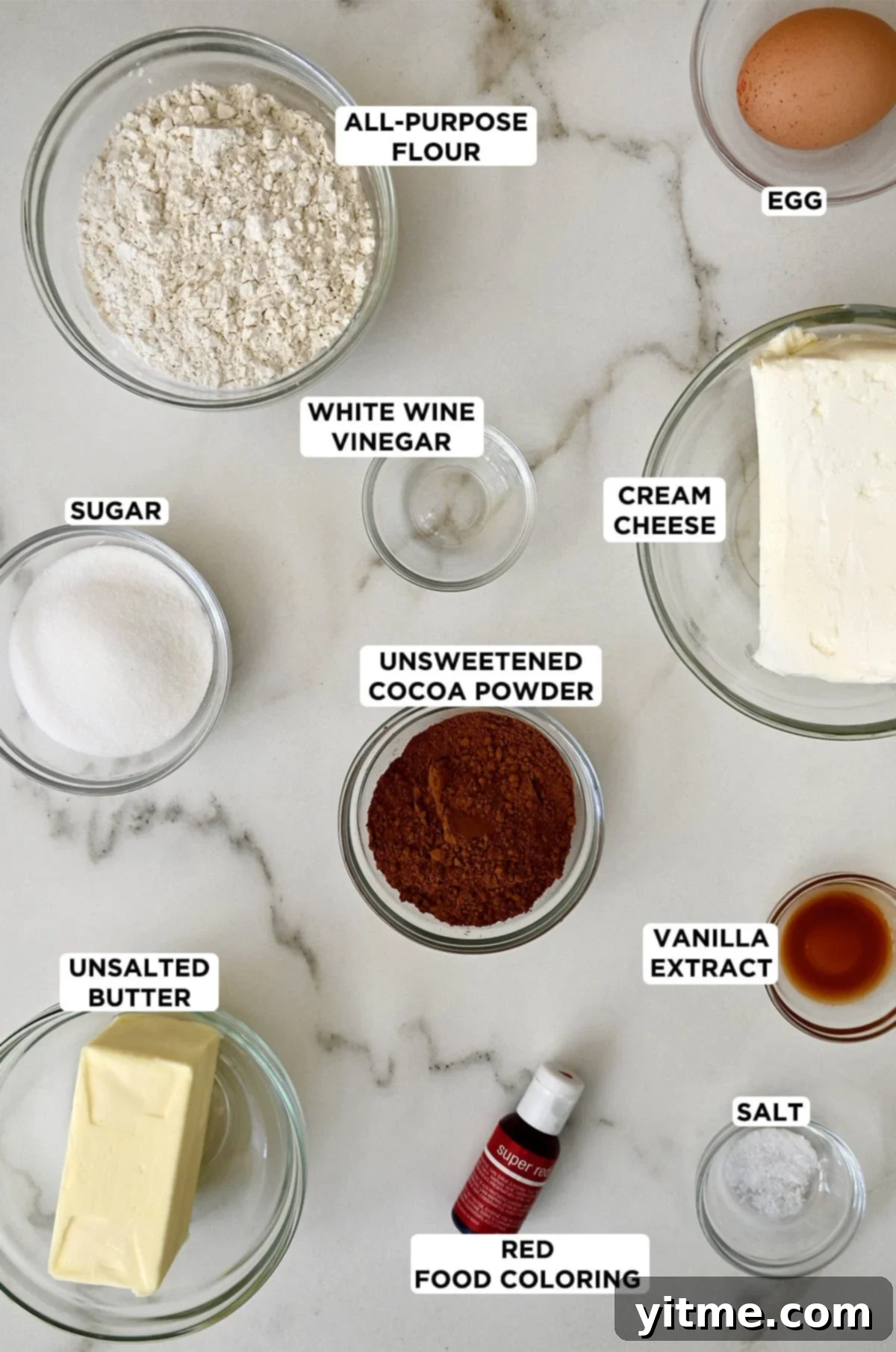 Ingredients for red velvet cheesecake brownie bites.