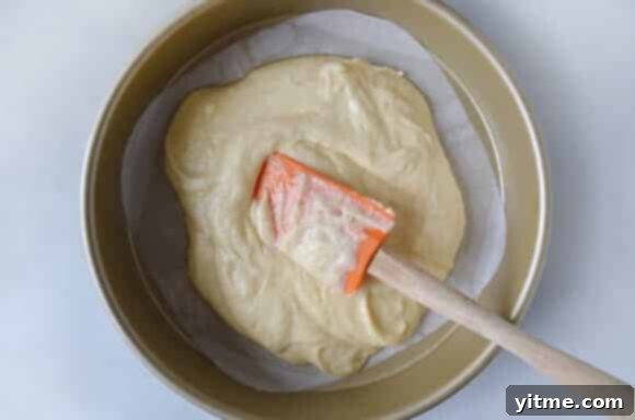 Coffee cake batter evenly distributed in a round cake pan.