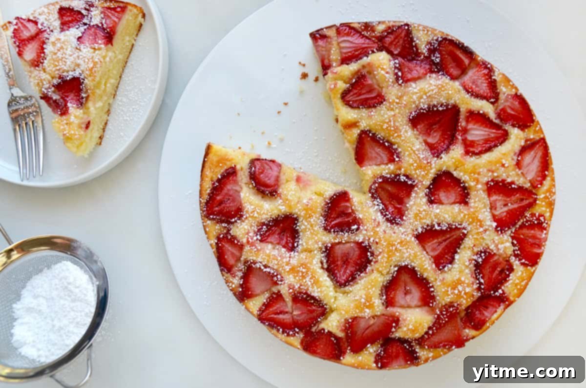 A beautifully sliced Strawberry Cream Cheese Coffee Cake on a white plate, ready to be served.