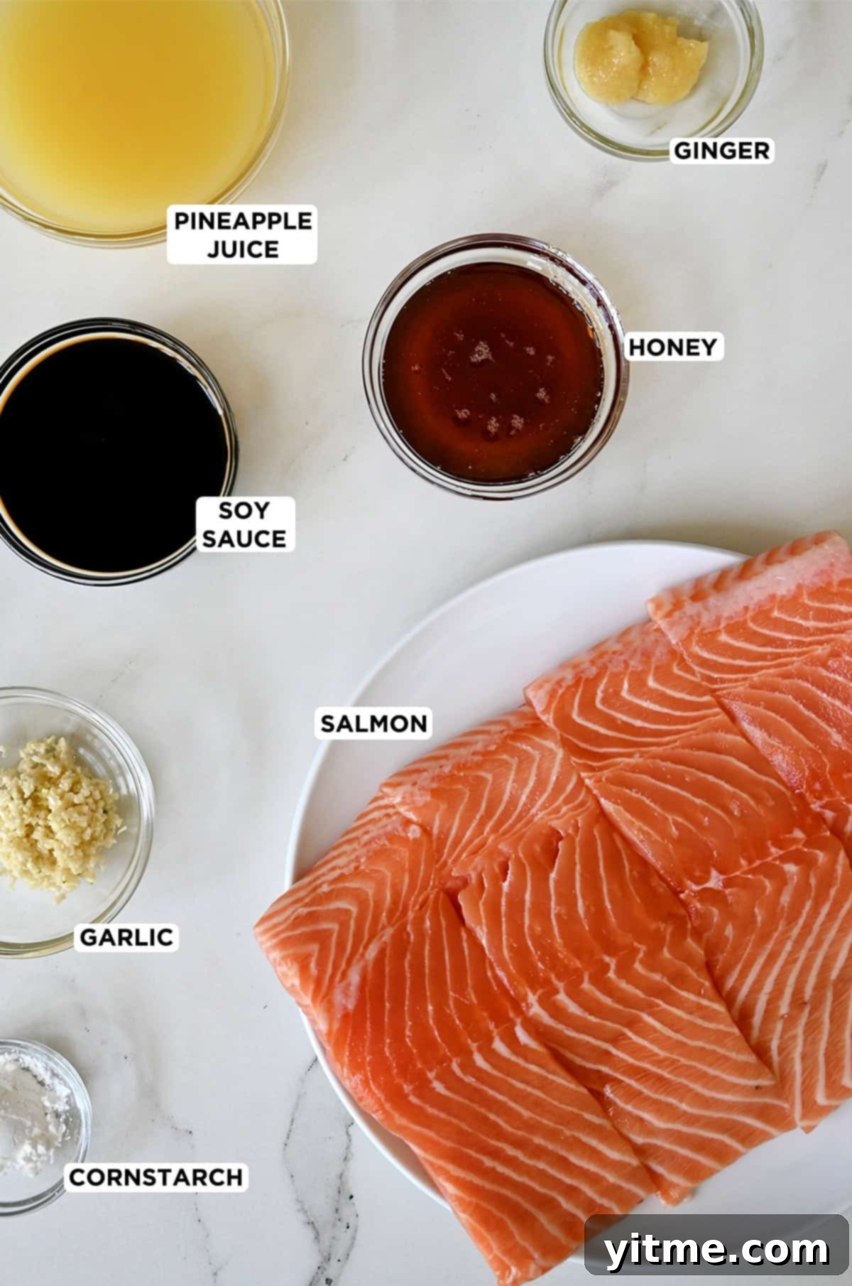 Honey-Garlic Glazed Salmon Delight 3 Salmon filets with cornstarch, minced garlic, soy sauce, honey, pineapple juice, and minced ginger.