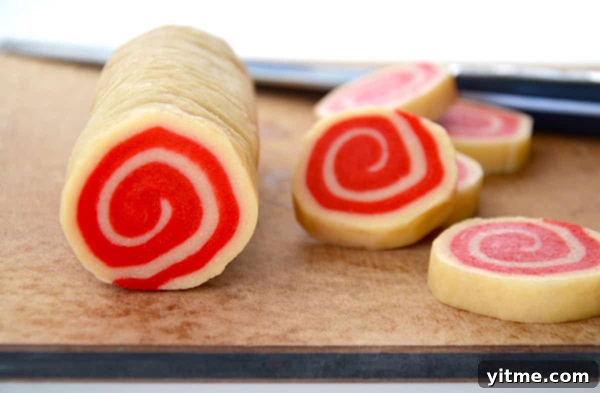 A meticulously rolled log of red and white pinwheel cookie dough, ready for slicing. Beside it, five perfectly sliced cookies reveal the intricate spiral pattern, set to be baked into delicious Halloween treats.