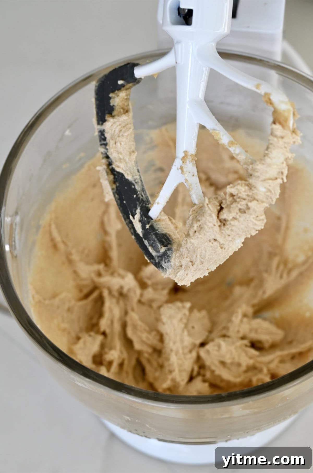 Caramel Lava Chocolate Chip Cookies 4 Creamed butter with granulated and light brown sugars in a bowl of a stand mixer with the paddle attachment.