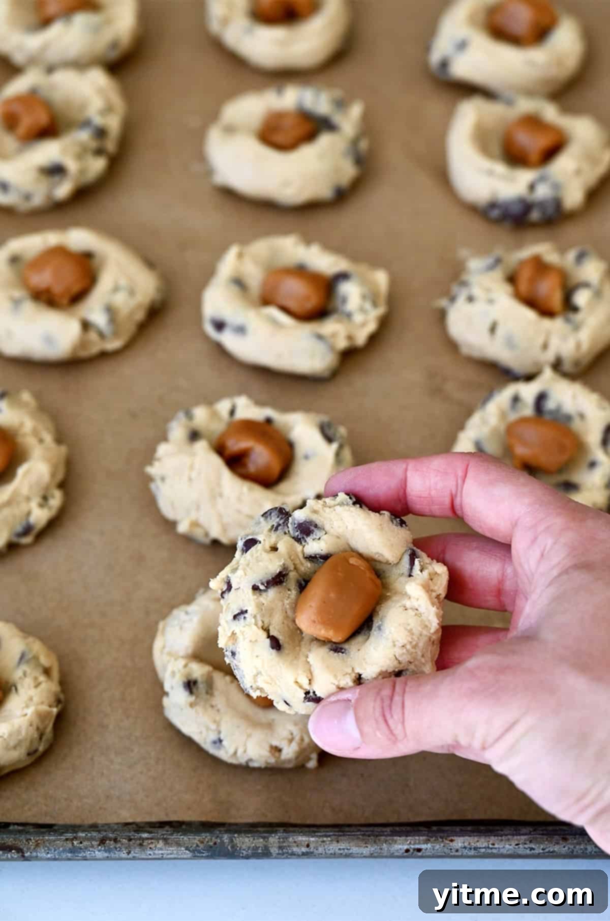 Caramel Lava Chocolate Chip Cookies 6 A soft caramel in the center of chocolate chip cookie dough.