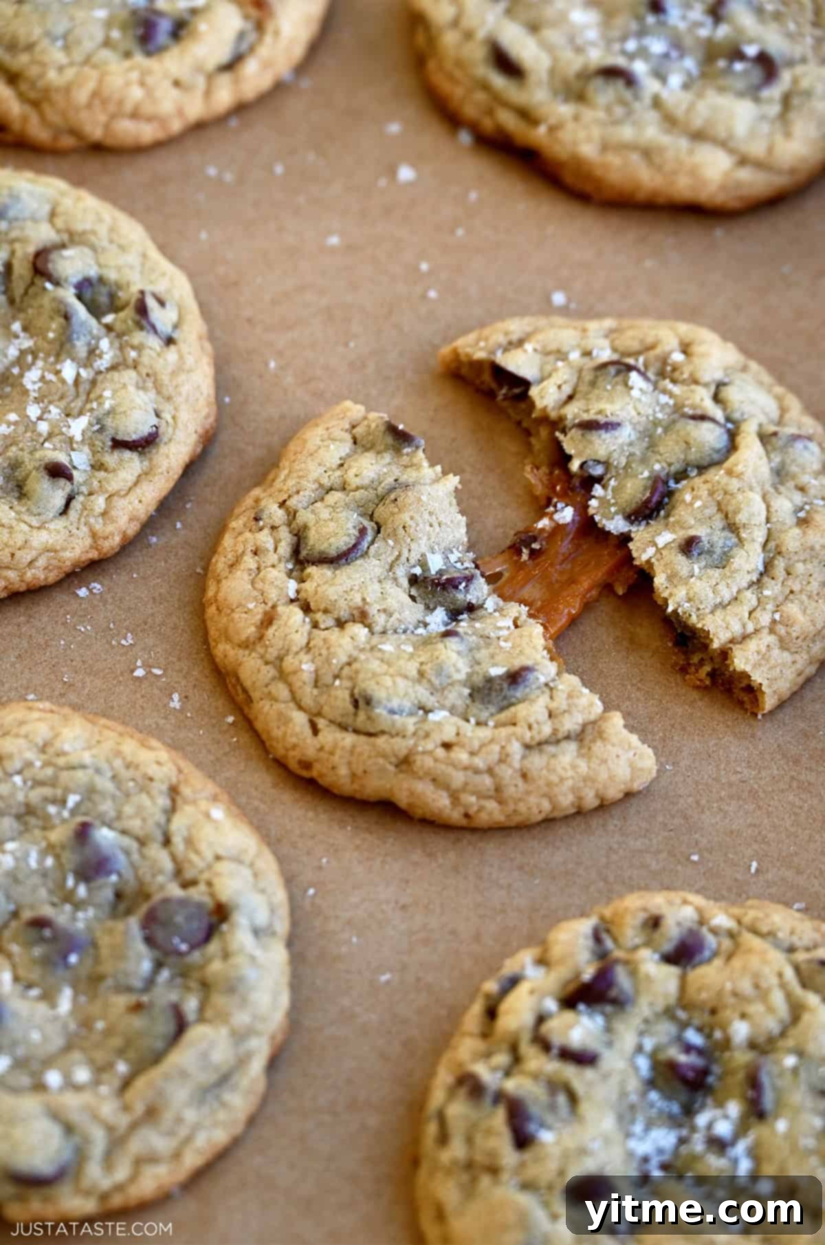 Caramel Lava Chocolate Chip Cookies 9 Chocolate chip cookies with a gooey caramel center.