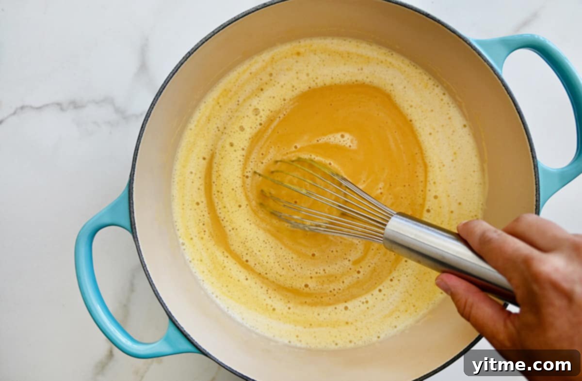 Coconut milk being whisked into a pumpkin soup base in a large stockpot.