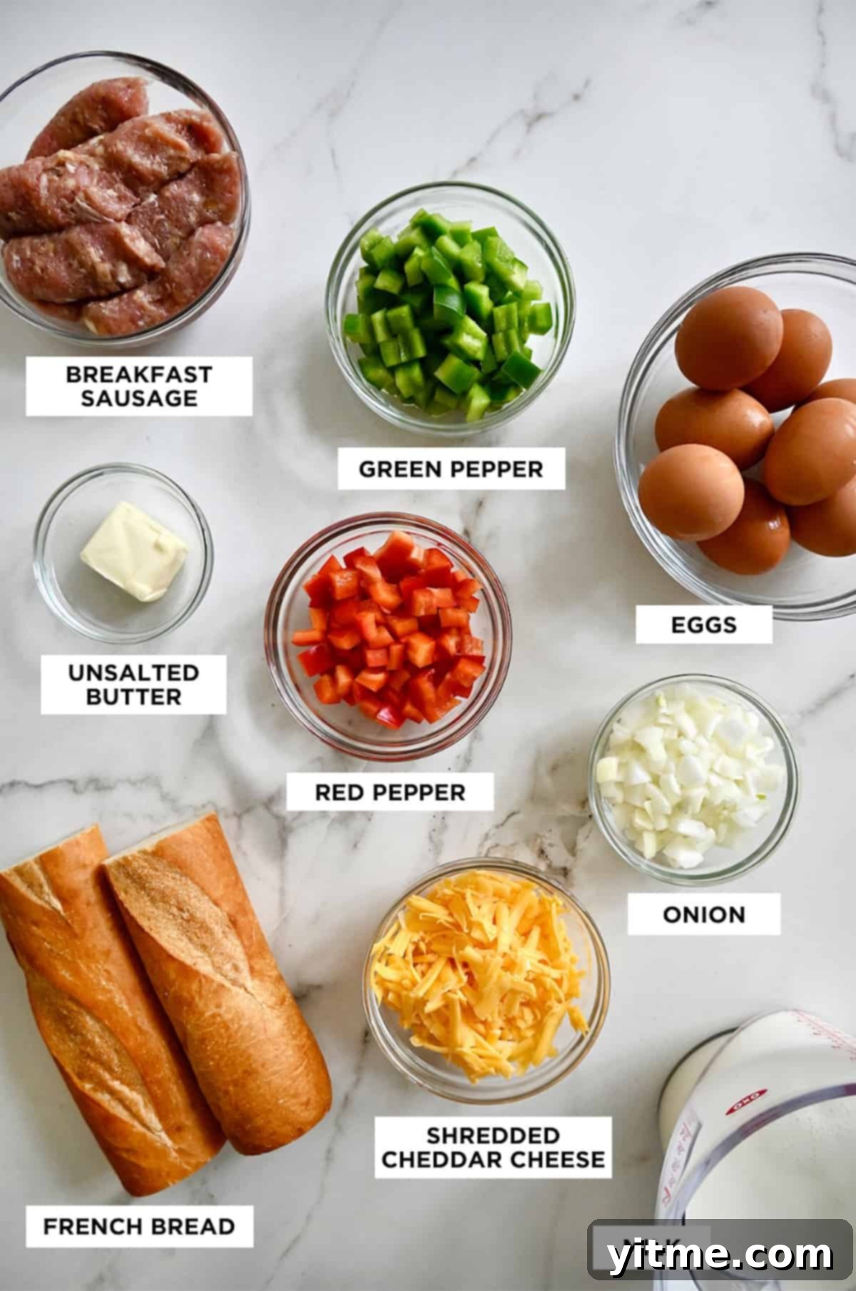 Sausage Sunrise Strata 3 Ingredients for Overnight Egg Casserole: Sausage, peppers, eggs, bread, cheese