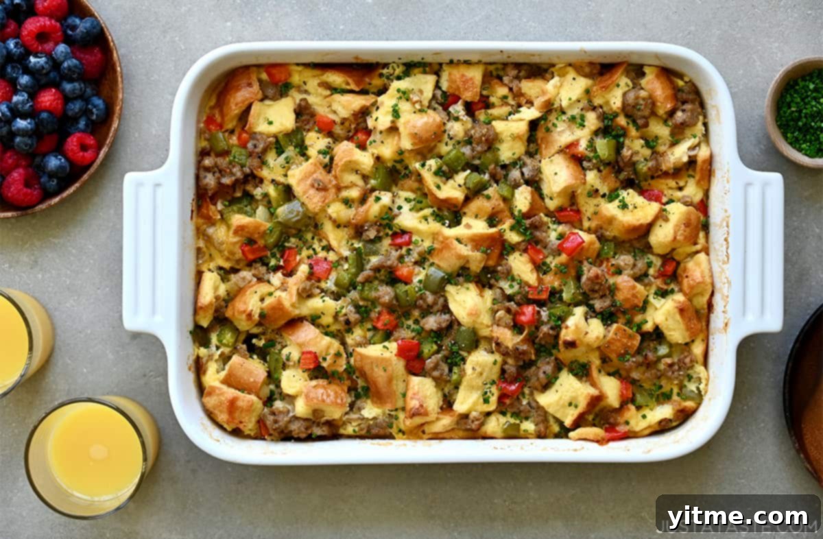 Sausage Sunrise Strata 7 Egg casserole in a baking dish with orange juice glasses