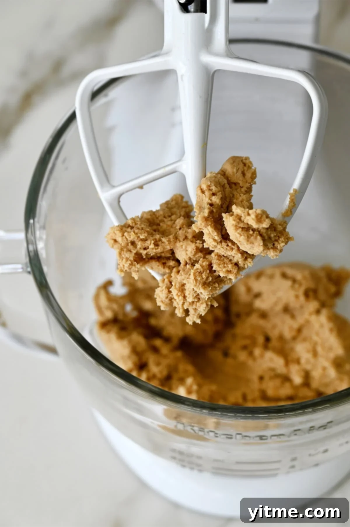 A stand mixer bowl filled with graham cracker cookie dough.