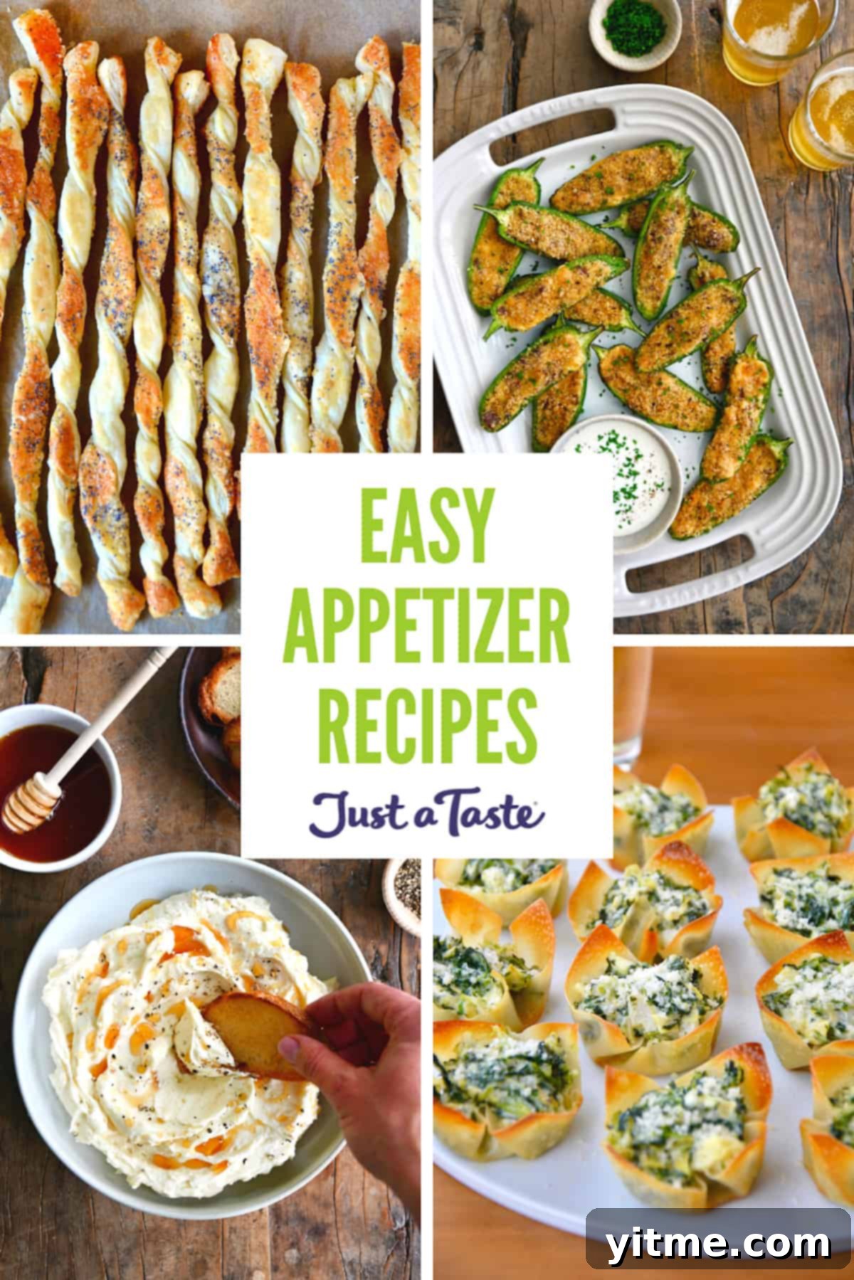 A collage of appetizer recipes, including puff pastry cheese straws, jalapeño poppers, artichoke dip wonton cups, and whipped cheese, showcasing a variety of easy appetizer ideas.