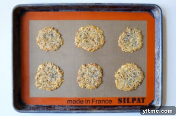 Detailed shot of an Everything Parmesan Cheese Crisp, highlighting its golden-brown edges.