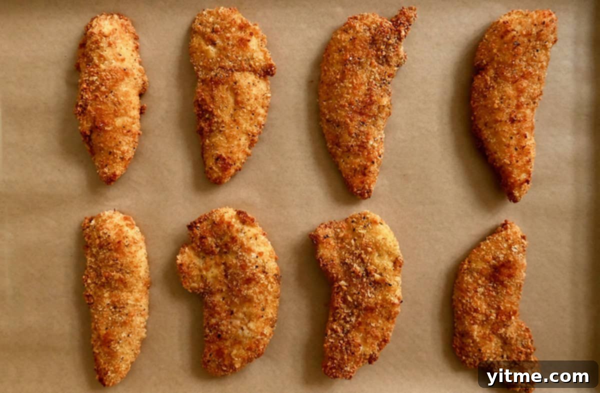Crispy chicken tenders on a parchment-lined baking sheet.