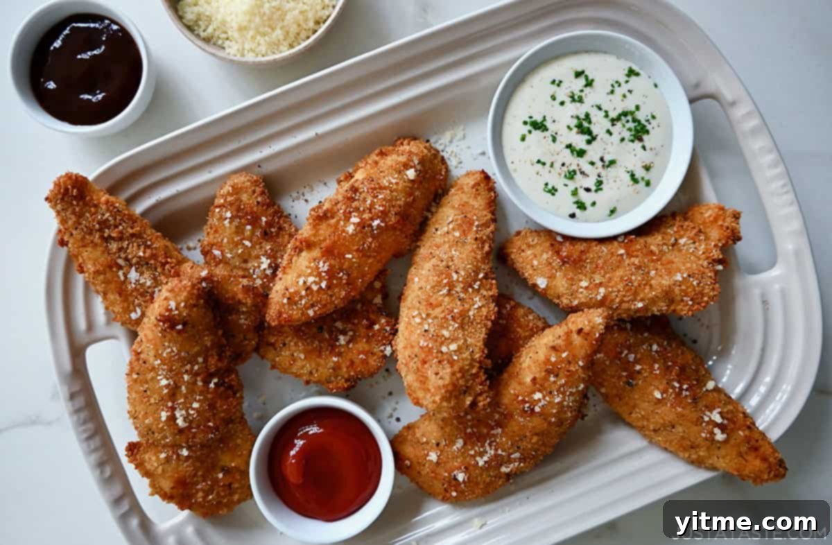Crispy chicken tenders on a serving platter with small bowls of dipping sauces.