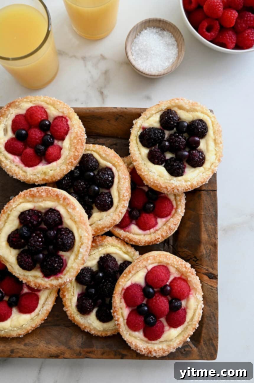 A beautiful top-down arrangement of Fruit and Cream Cheese Breakfast Pastries on a wooden serving platter, accompanied by glasses of fresh orange juice and a bowl of bright red raspberries, inviting you to brunch.