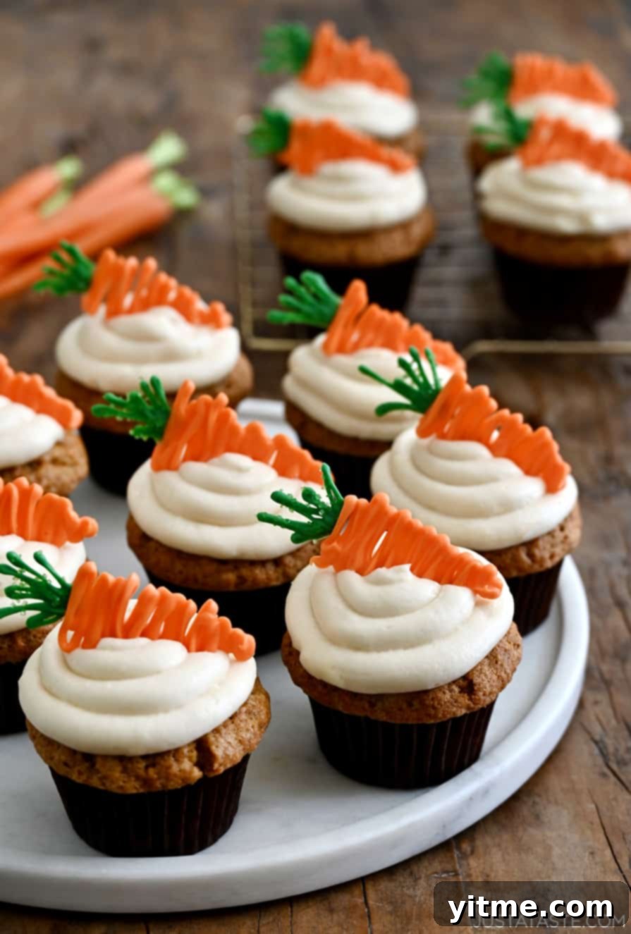 Delicious carrot cupcakes with cream cheese frosting and candy carrot toppers