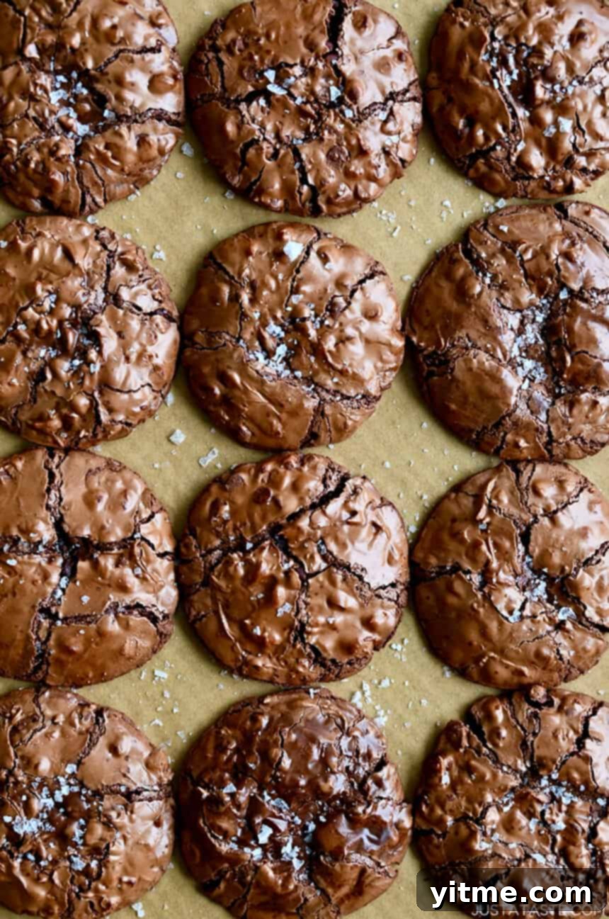 A top-down view of Flourless Chocolate Cookies dusted with large-flake sea salt